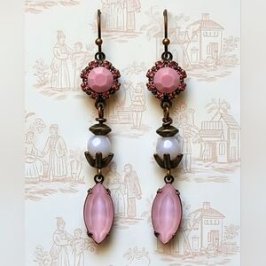Victorian Pink Flower Crystal In Three Tier Long Earrings In Brass